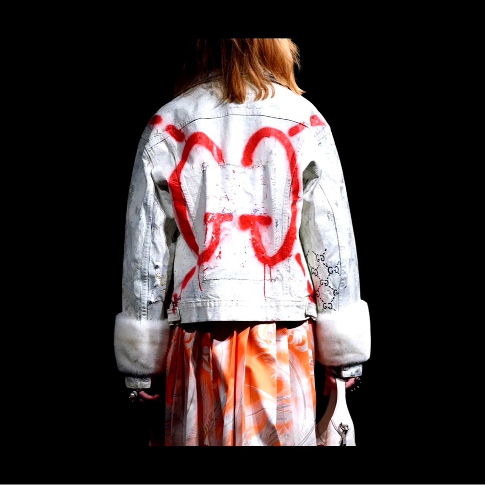Gucci & Trouble Andrew Gucci Ghost Runway Collaboration Logo Denim Mink Fur Coat